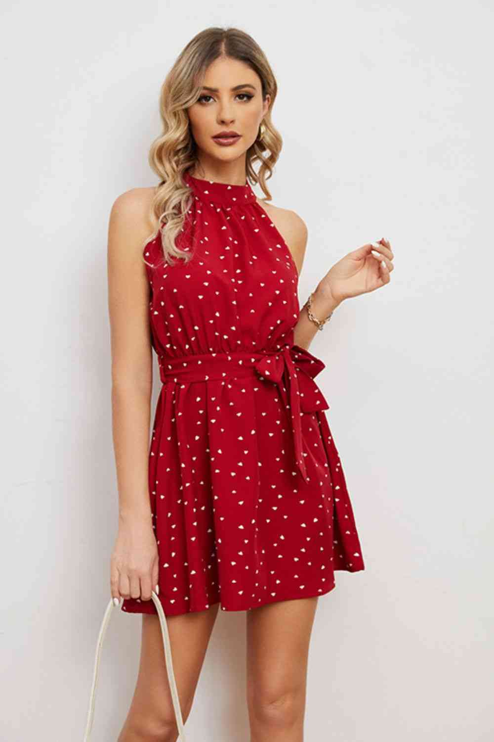 Printed Tie Waist Mini Dress (2 Colors)  Krazy Heart Designs Boutique Deep Red S 