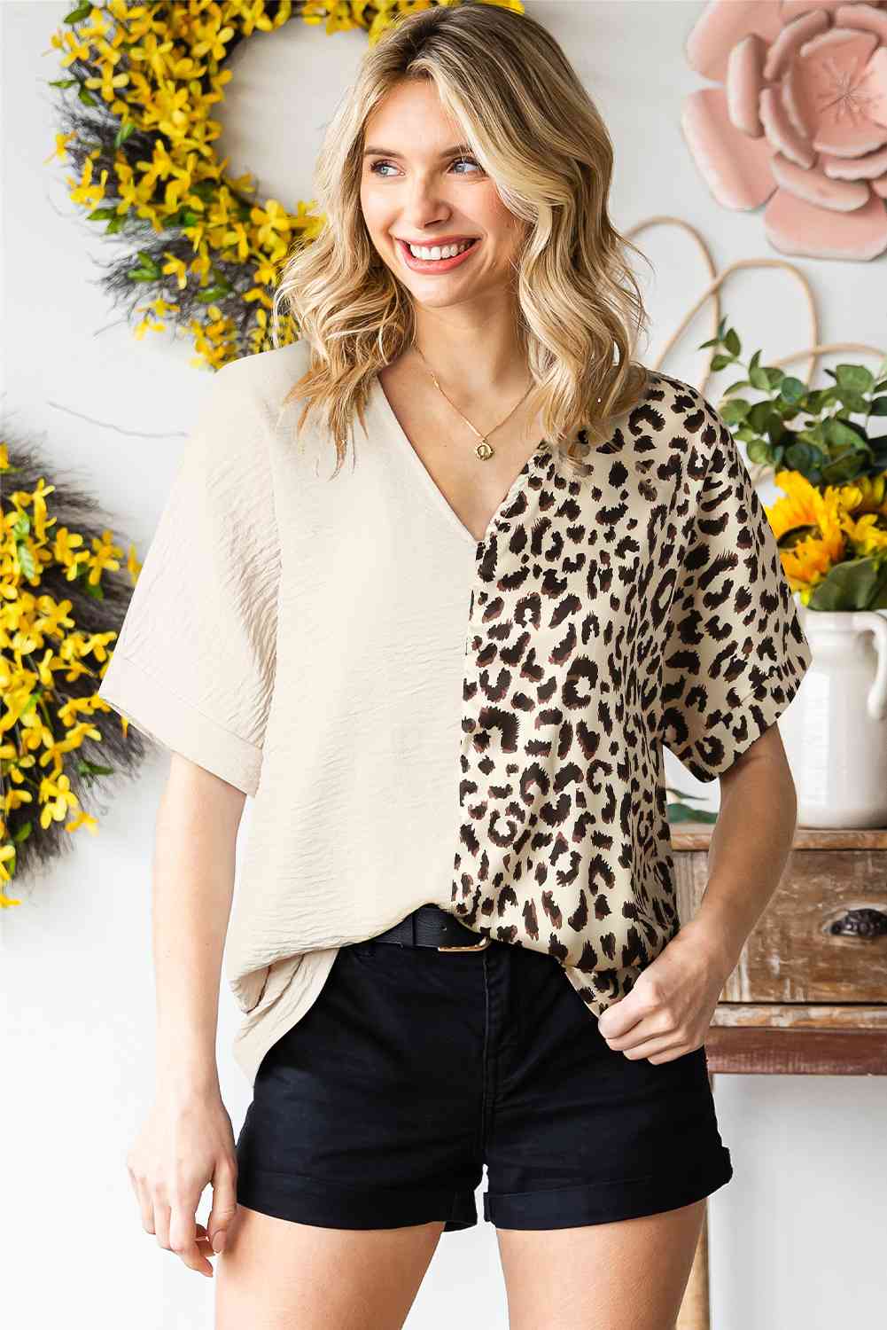 Leopard Print Color Block V-Neck Blouse (2 Colors) Shirts & Tops Krazy Heart Designs Boutique   