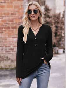 Double Take Buttoned Notched Neck Long Sleeve Top (6 Colors)  Krazy Heart Designs Boutique Black S 