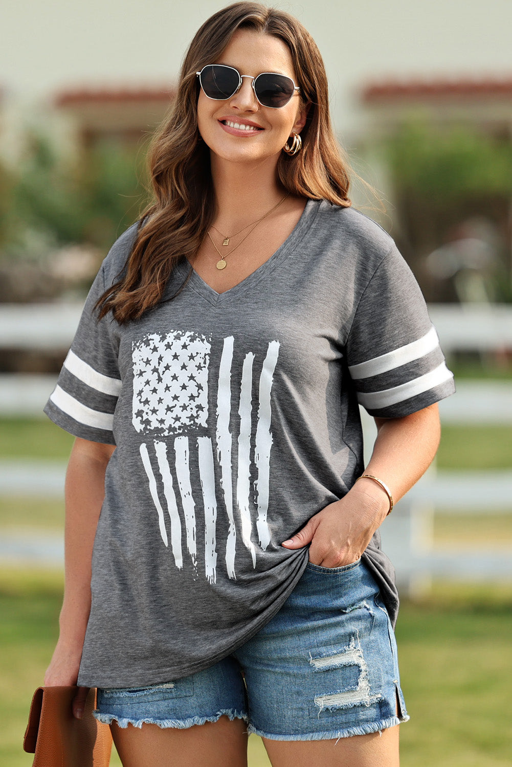 Plus Size US Flag Graphic V-Neck Tee  Krazy Heart Designs Boutique   