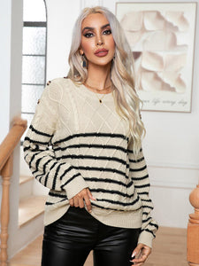 Striped Round Neck Cable-Knit Sweater Shirts & Tops Krazy Heart Designs Boutique   