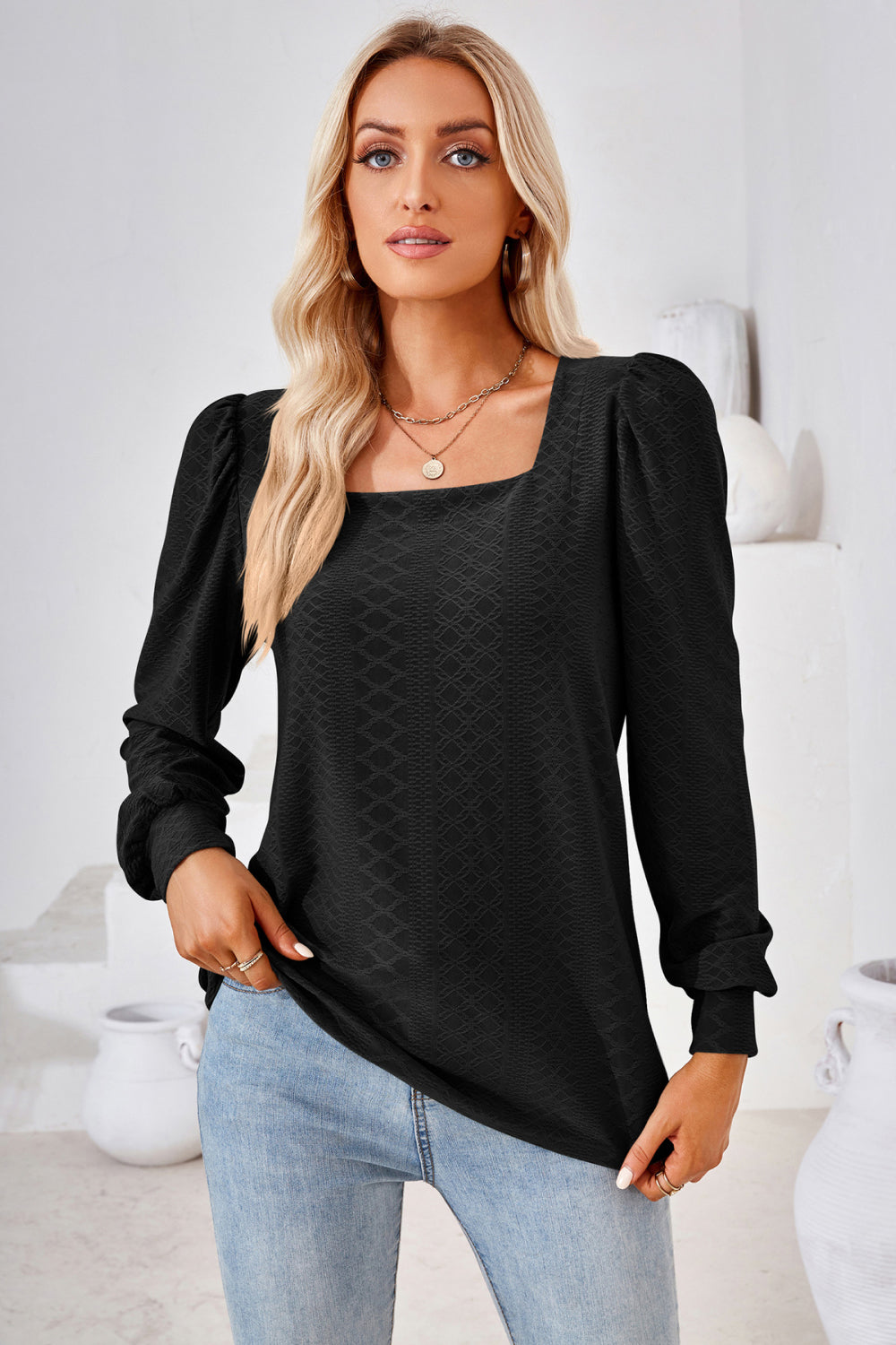 Square Neck Puff Sleeve Blouse (8 Colors)  Krazy Heart Designs Boutique Black S 