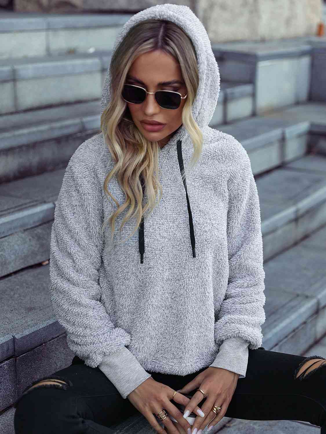 Drawstring Teddy Hoodie Shirts & Tops Krazy Heart Designs Boutique Light Gray S 