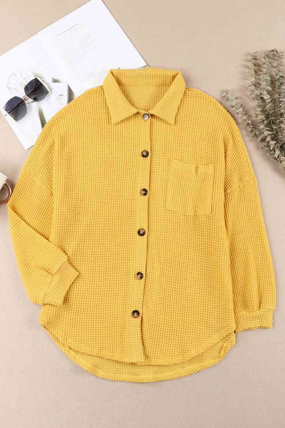Waffle-Knit Button Up Long Sleeve Shirt with Pocket (10 Colors)  Krazy Heart Designs Boutique   