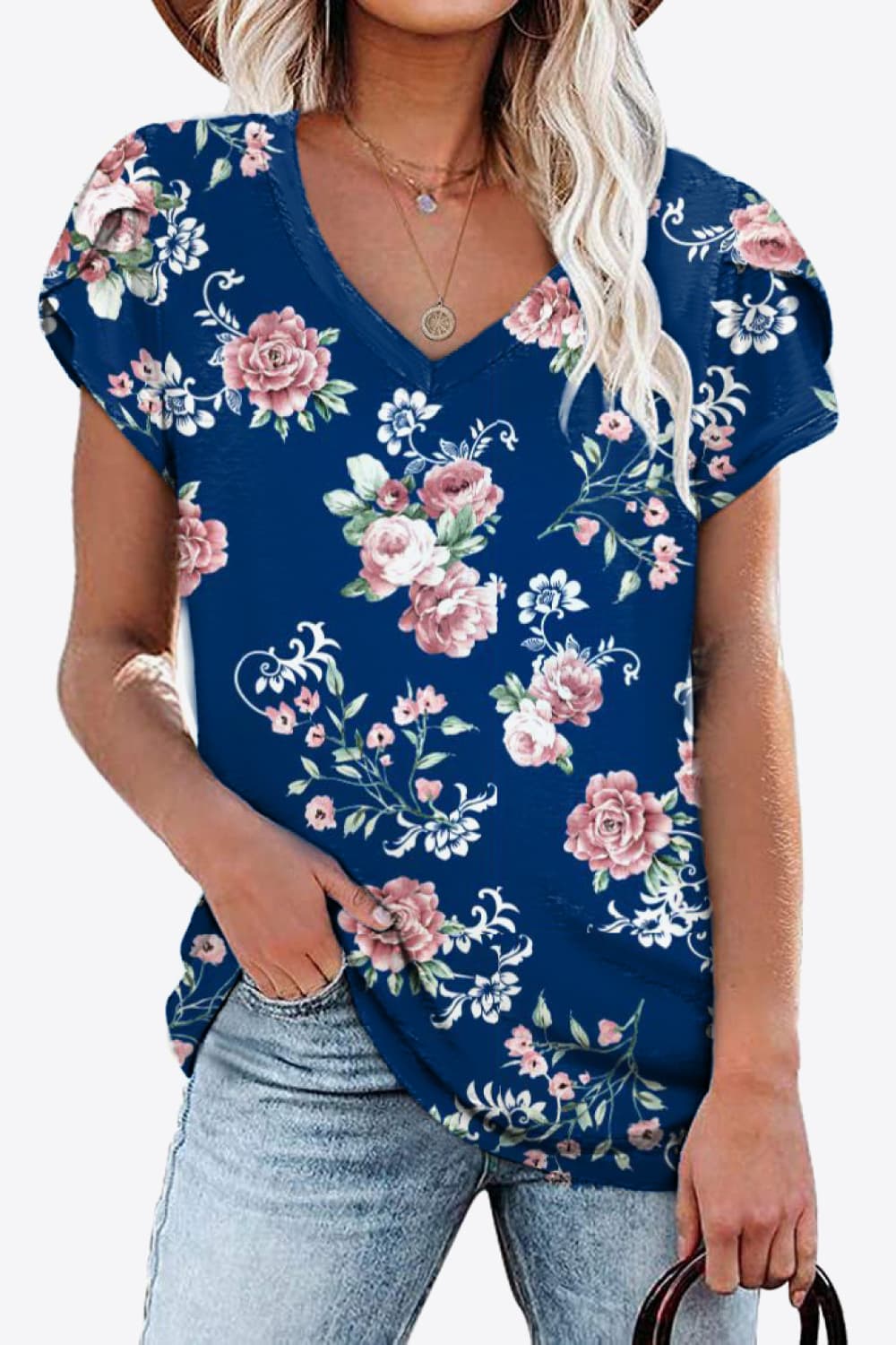 Printed Petal Sleeve V-Neck Blouse (12 Color Styles)  Krazy Heart Designs Boutique Navy S 