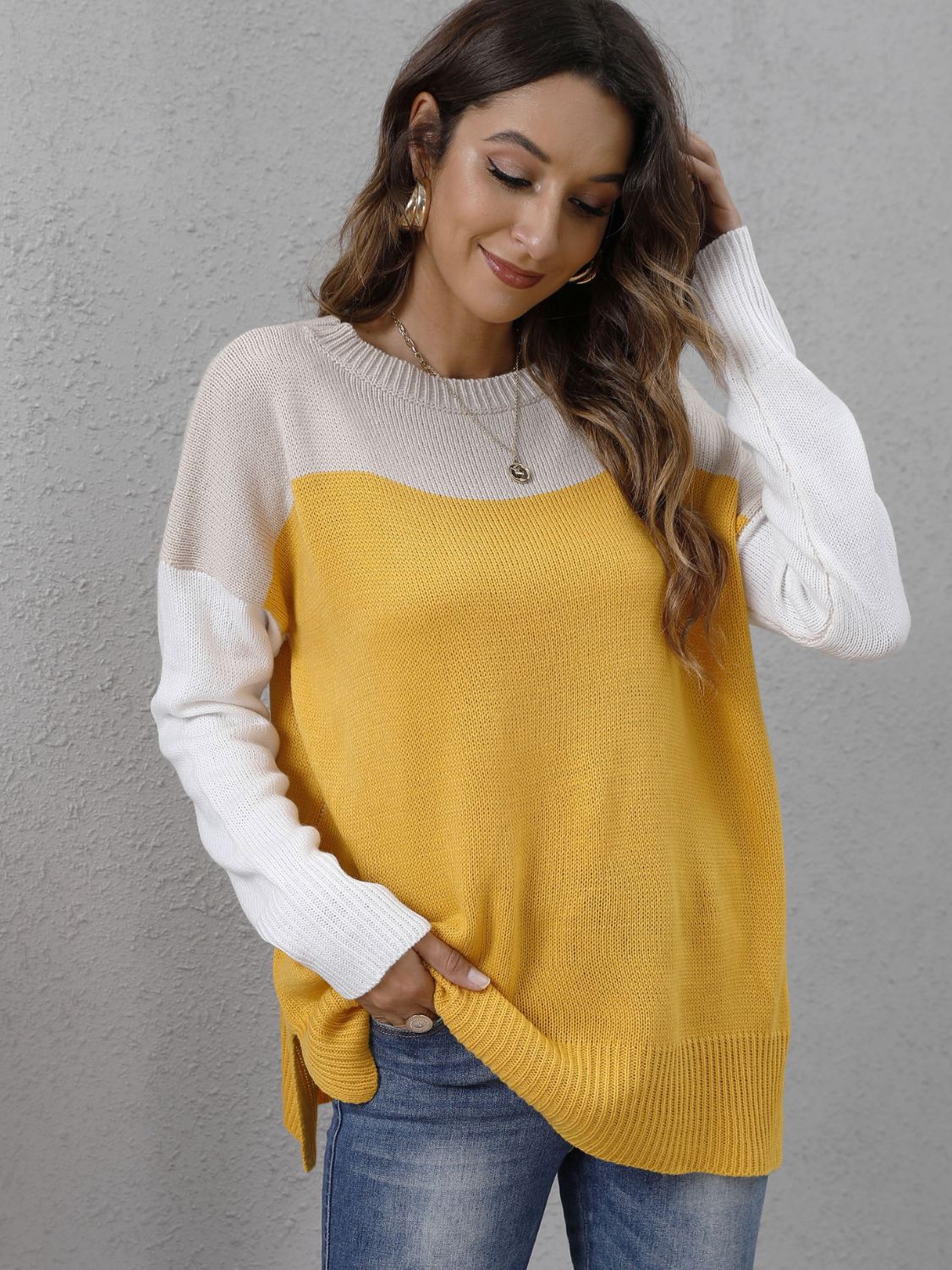 KHD Color Block Round Neck Dropped Shoulder Sweater (3 Colors)  Krazy Heart Designs Boutique Banana Yellow S 