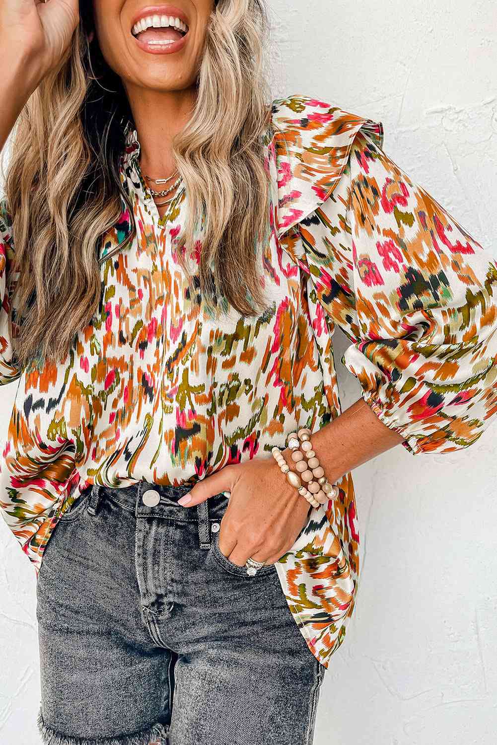 Printed Notched Neck Ruffled Blouse (3 Colors)  Krazy Heart Designs Boutique   