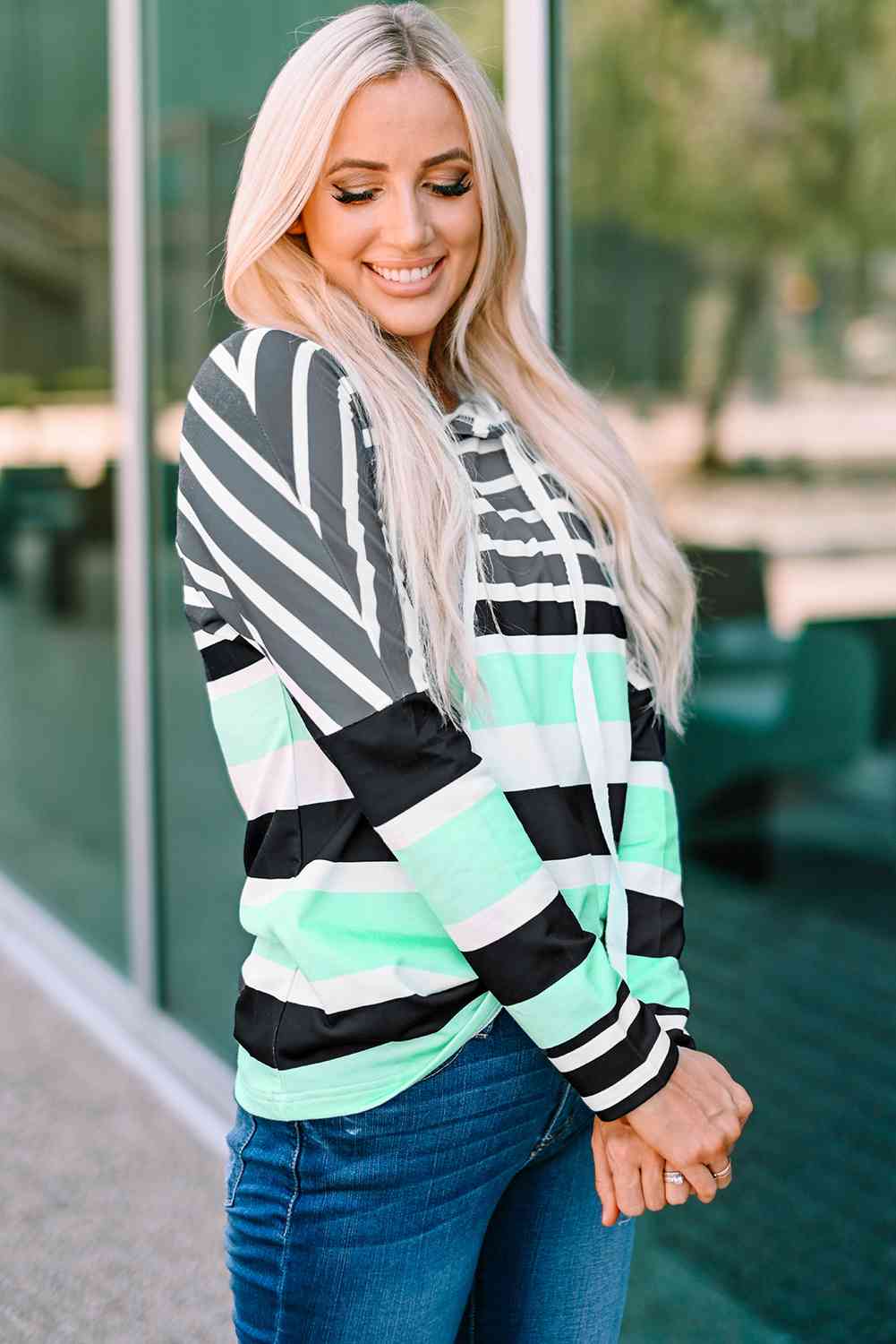 Striped Drawstring Detail Long Sleeve Hoodie Shirts & Tops Krazy Heart Designs Boutique   