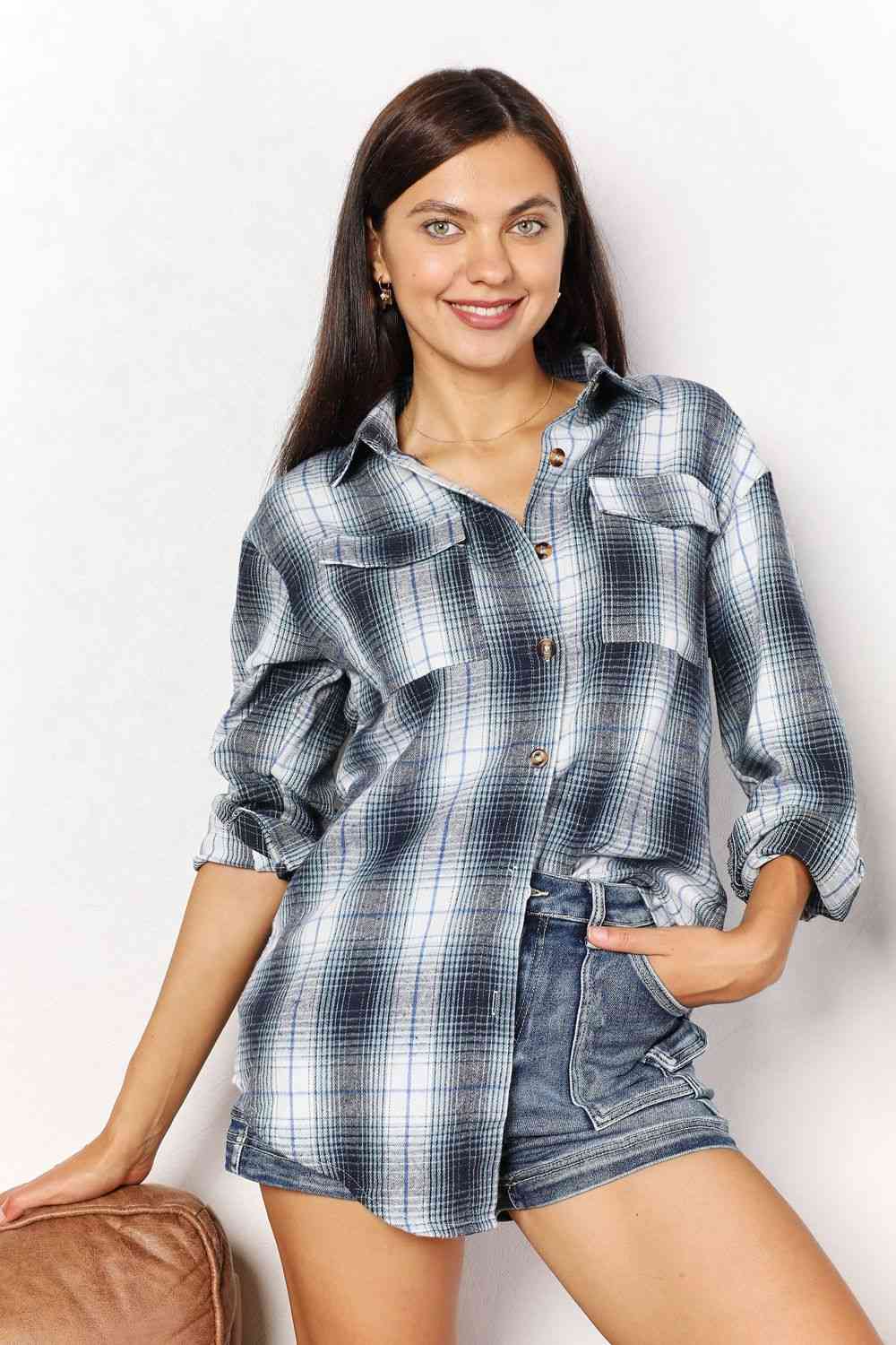 Double Take Plaid Dropped Shoulder Shirt (4 Colors)  Krazy Heart Designs Boutique Sky Blue S 