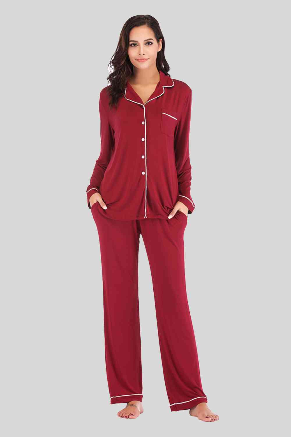 Collared Neck Long Sleeve Loungewear Set with Pockets (9 Colors) Loungewear Krazy Heart Designs Boutique Wine S 