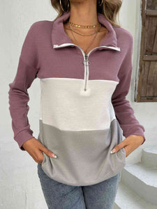 Double Take Color Block Dropped Shoulder Waffle-Knit Zipper Front Blouse Shirts & Tops Krazy Heart Designs Boutique   
