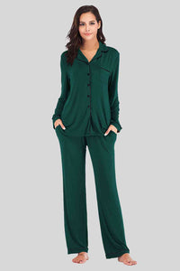 Collared Neck Long Sleeve Loungewear Set with Pockets (9 Colors) Loungewear Krazy Heart Designs Boutique Green S 