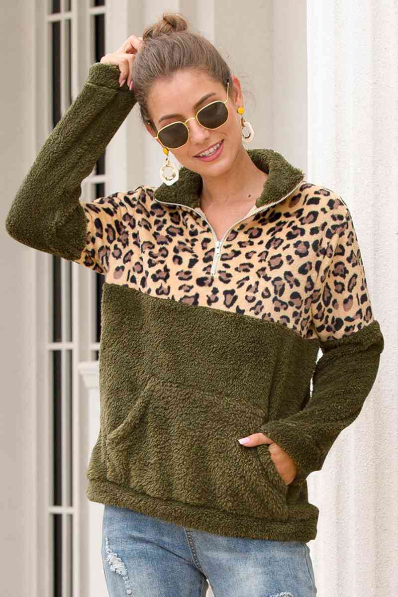 Leopard Print Zip-Up Turtle Neck Dropped Shoulder Sweatshirt Shirts & Tops Krazy Heart Designs Boutique   
