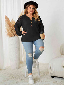 Plus Size Openwork Notched Button Front Blouse  Krazy Heart Designs Boutique   