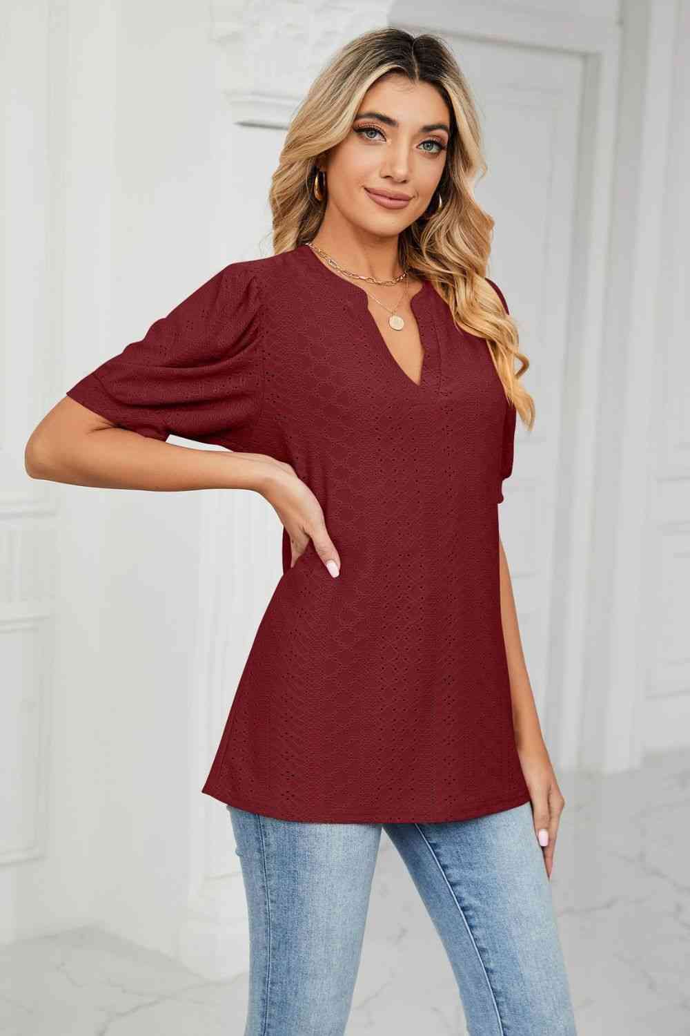 Eyelet Short Puff Sleeve Notched Neck Top (12 Colors)  Krazy Heart Designs Boutique   