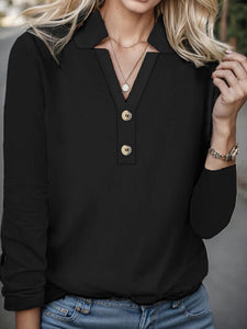 Decorative Button Notched Long Sleeve T-Shirt Shirts & Tops Krazy Heart Designs Boutique Black S 