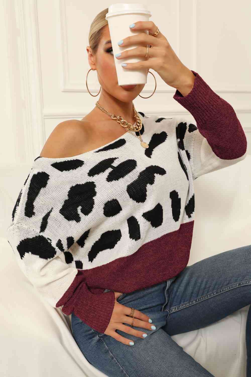 Full Size Two-Tone Boat Neck Sweater (3 Colors) Shirts & Tops Krazy Heart Designs Boutique   