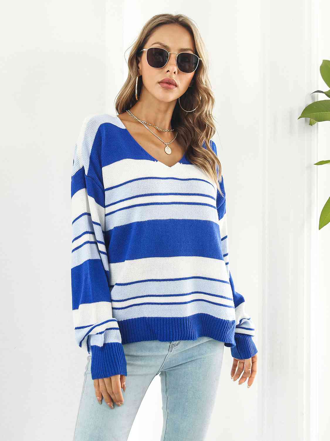 Striped V-Neck Long Sleeve Knit Top(3 Colors)  Krazy Heart Designs Boutique Navy S 