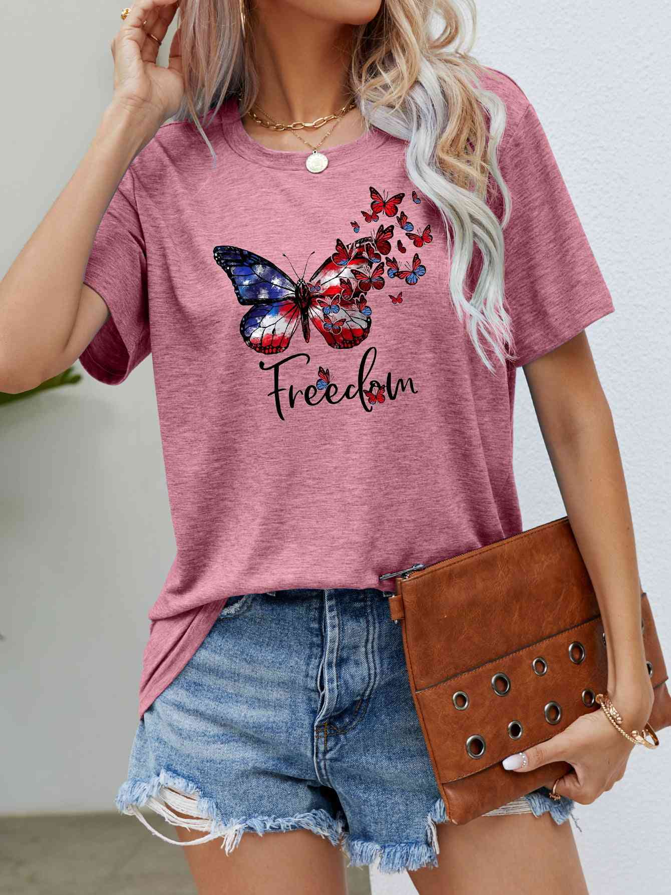 FREEDOM Butterfly Graphic Short Sleeve Tee (5 Colors)  Krazy Heart Designs Boutique Dusty Pink S 