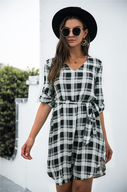 Plaid V-Neck Tie Waist Dress  Krazy Heart Designs Boutique Black S 