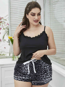 Plus Size Lace Trim Scoop Neck Cami and Printed Shorts Pajama Set ( 2 Style Designs) Loungewear Krazy Heart Designs Boutique Leopard 1XL 