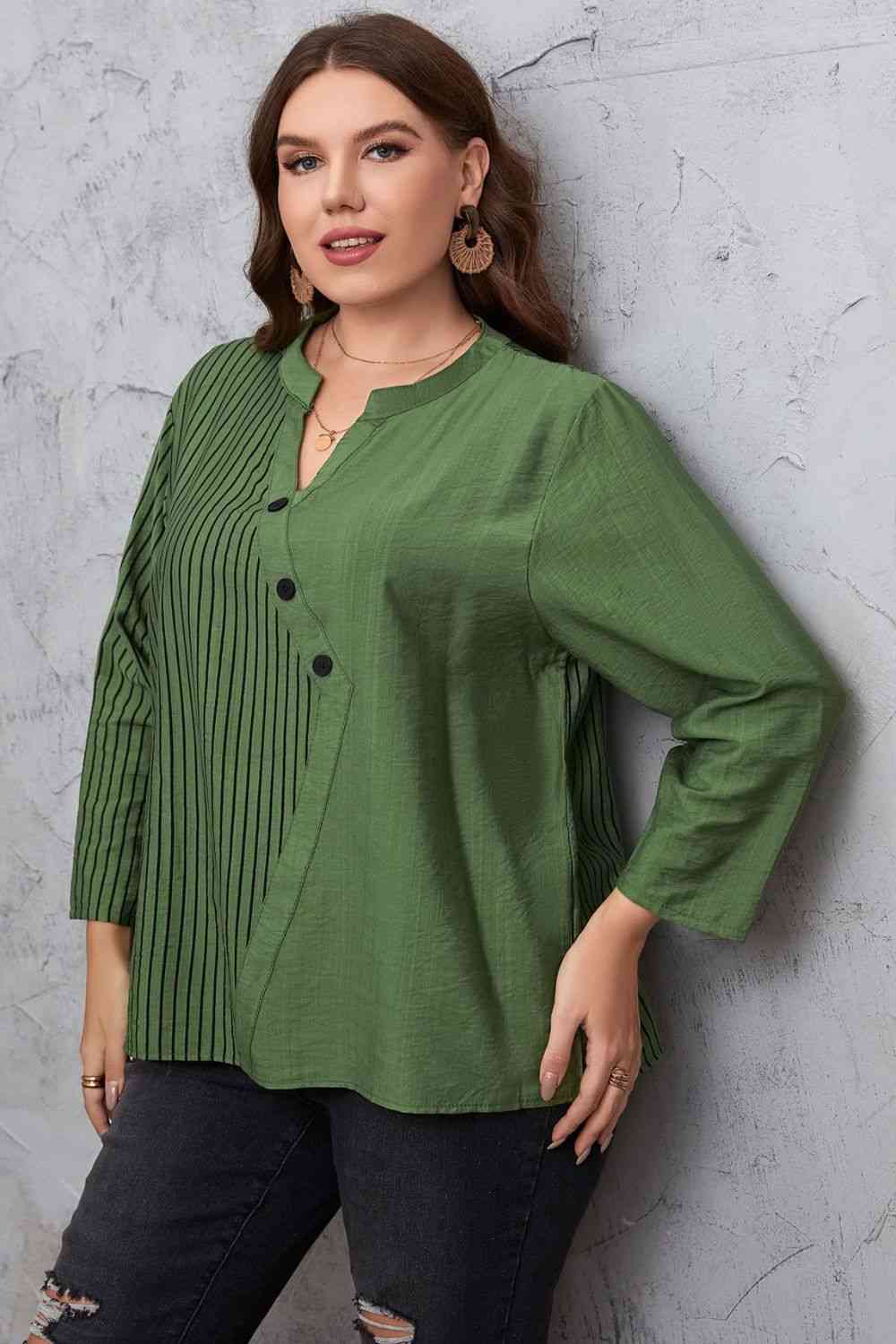 Plus Size Striped Notched Neck Top (2 Colors) Shirts & Tops Krazy Heart Designs Boutique Green 1XL 