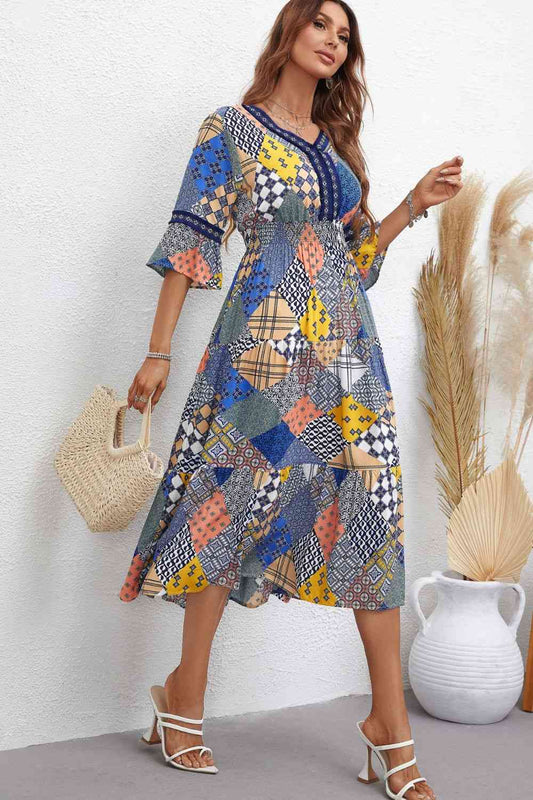 Patchwork V-Neck Tiered Midi Dress  Krazy Heart Designs Boutique Multicolor S 