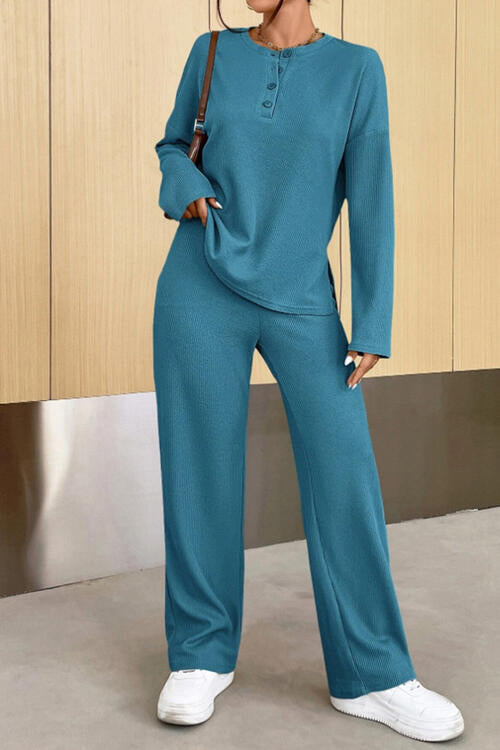 Ribbed Half Button Top and Pants Set Outfit Sets Krazy Heart Designs Boutique Turquoise S 
