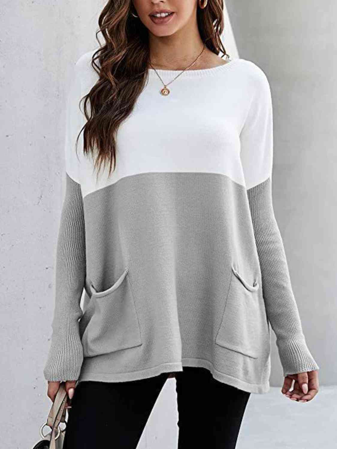 Two Tone Pullover Sweater with Pockets (7 Colors)  Krazy Heart Designs Boutique   