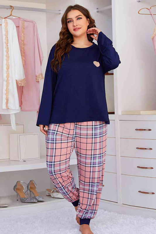 Plus Size Heart Graphic Top and Plaid Joggers Lounge Set (2 Colors) Loungewear Krazy Heart Designs Boutique Navy 1XL 