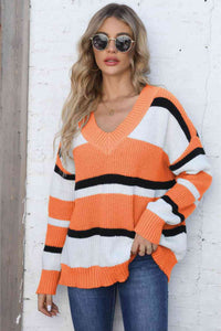 Color Block V-Neck Dropped Shoulder Sweater (7 Colors) Shirts & Tops Krazy Heart Designs Boutique Tangerine One Size 