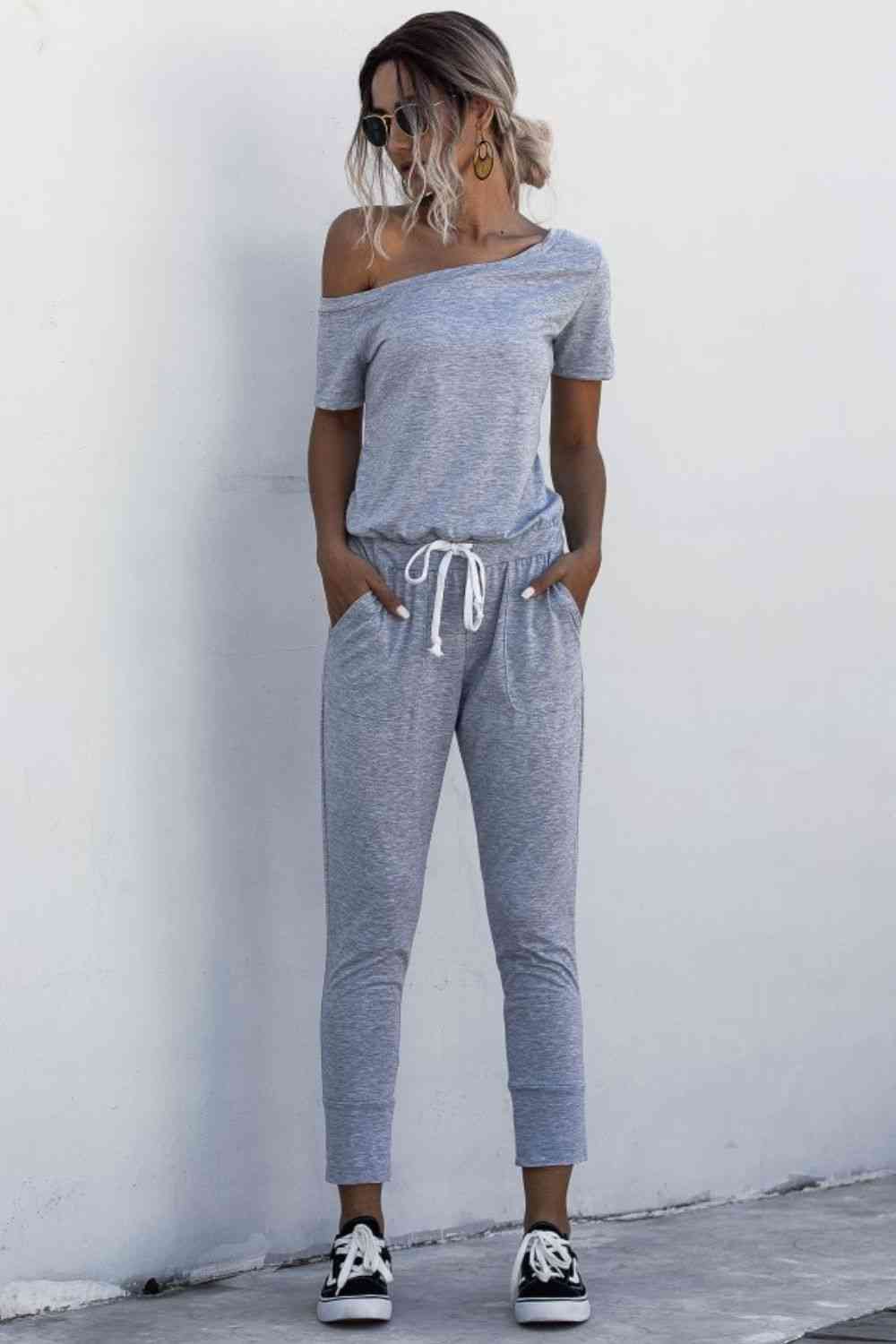 Asymmetrical Neck Tied Jumpsuit with Pockets (4 Colors)  Krazy Heart Designs Boutique Cloudy Blue S 