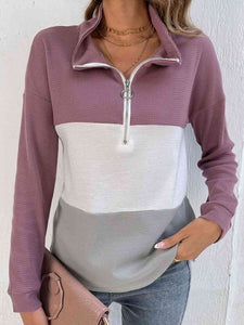 Double Take Color Block Dropped Shoulder Waffle-Knit Zipper Front Blouse Shirts & Tops Krazy Heart Designs Boutique Moonlit Mauve S 