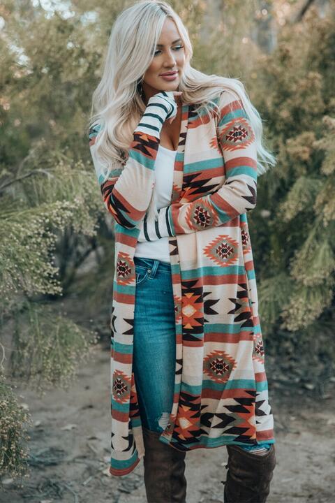 Multicolor Geometric Color Block Open Front Long Cardigan  Krazy Heart Designs Boutique   