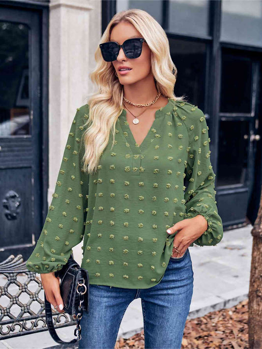 Swiss Dot Notched Neck Long Sleeve Blouse (3 Colors)  Krazy Heart Designs Boutique Green S 