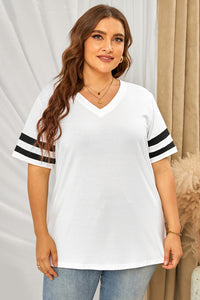 Plus Size Striped V-Neck Tee Shirt (10 Colors)  Krazy Heart Designs Boutique White 1X 