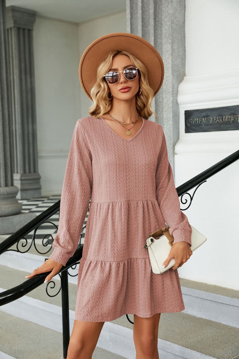 V-Neck Long Sleeve Mini Dress (9 Colors)  Krazy Heart Designs Boutique Dusty Pink S 