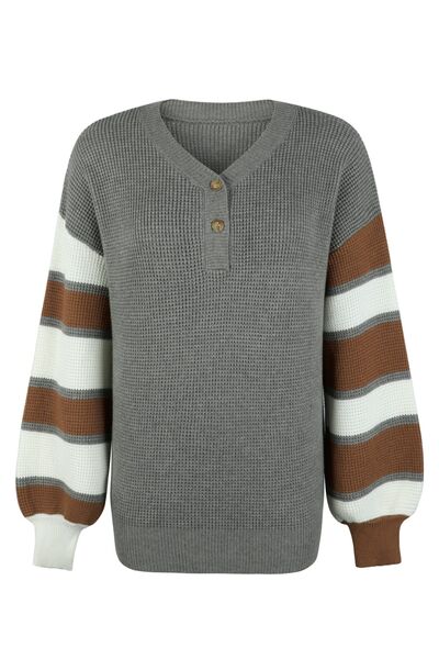 Color Block Striped Sleeve V-Neck Dropped Shoulder Top (2 Colors) Shirts & Tops Krazy Heart Designs Boutique   