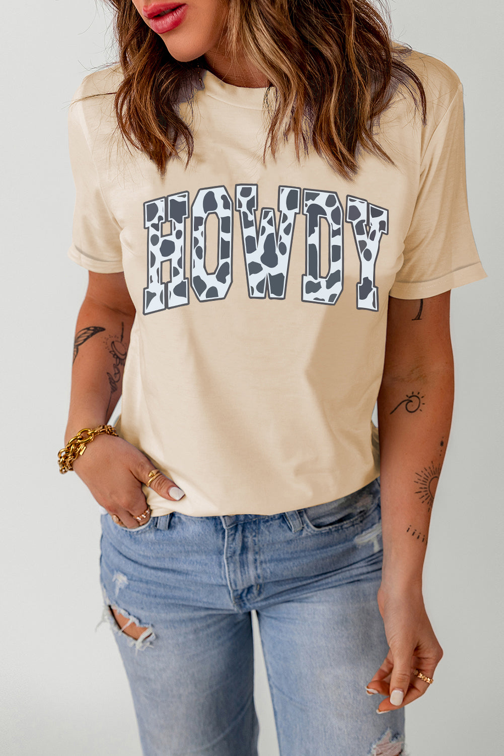 Round Neck Short Sleeve HOWDY Graphic Tee  Krazy Heart Designs Boutique Light Apricot S 