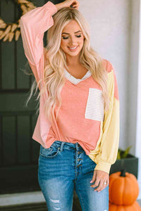Color Block V-Neck Dropped Shoulder Sweatshirt with Pocket Shirts & Tops Krazy Heart Designs Boutique Multicolor S 