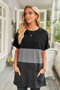 Color Block Pocket Long Round Neck Tee Shirt  Krazy Heart Designs Boutique Black S 