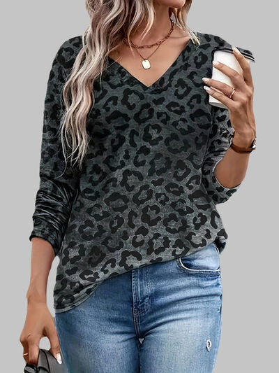 Leopard V-Neck Long Sleeve Top Shirts & Tops Krazy Heart Designs Boutique Black S 