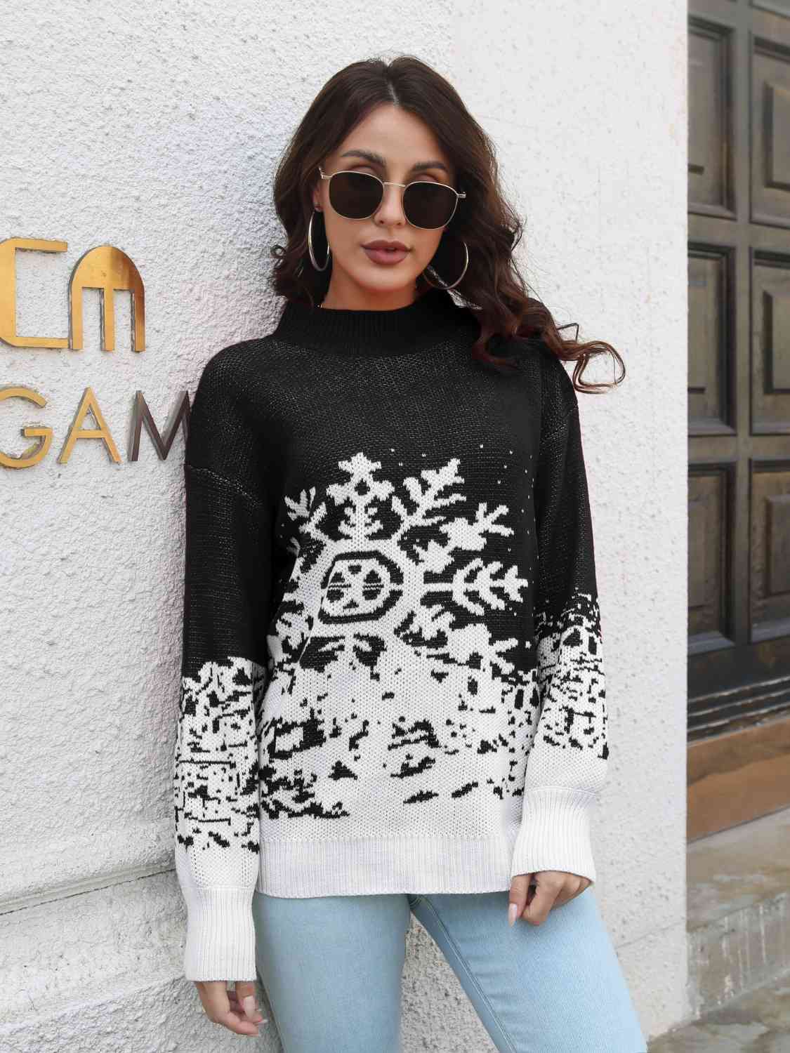 Snowflake Pattern Mock Neck Sweater (2 Colors) Shirts & Tops Krazy Heart Designs Boutique   