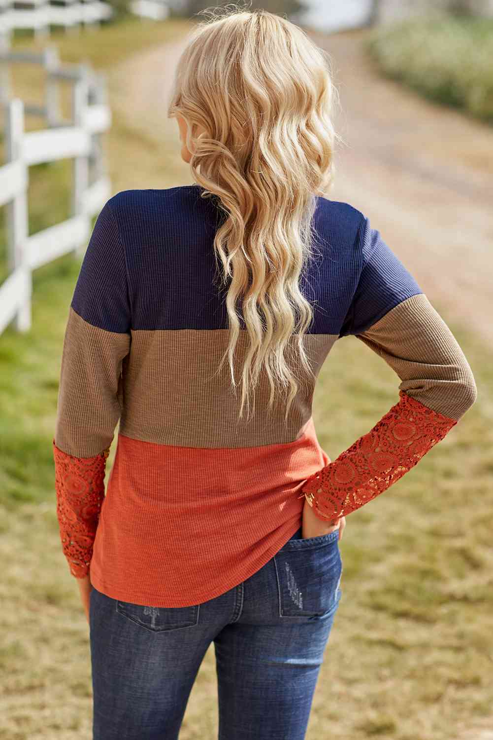 Color Block Spliced Lace Sleeve Ribbed Top Shirts & Tops Krazy Heart Designs Boutique   