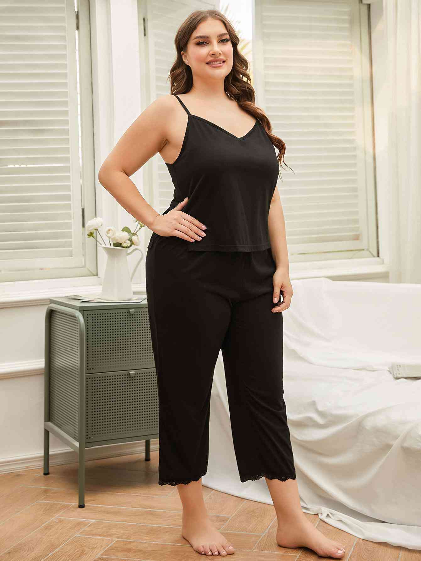 Plus Size Lace Trim Slit Cami and Pants Pajama Set (2 Colors) Loungewear Krazy Heart Designs Boutique   
