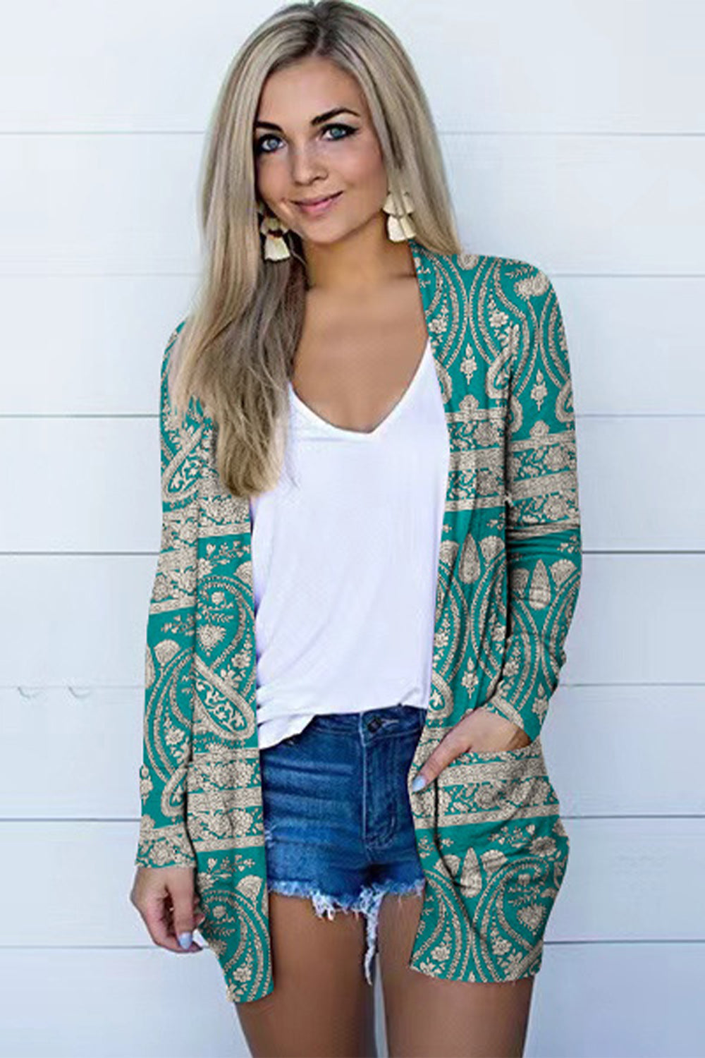 Printed Long Sleeve Cardigan (3 Color Styles)  Krazy Heart Designs Boutique Teal S 