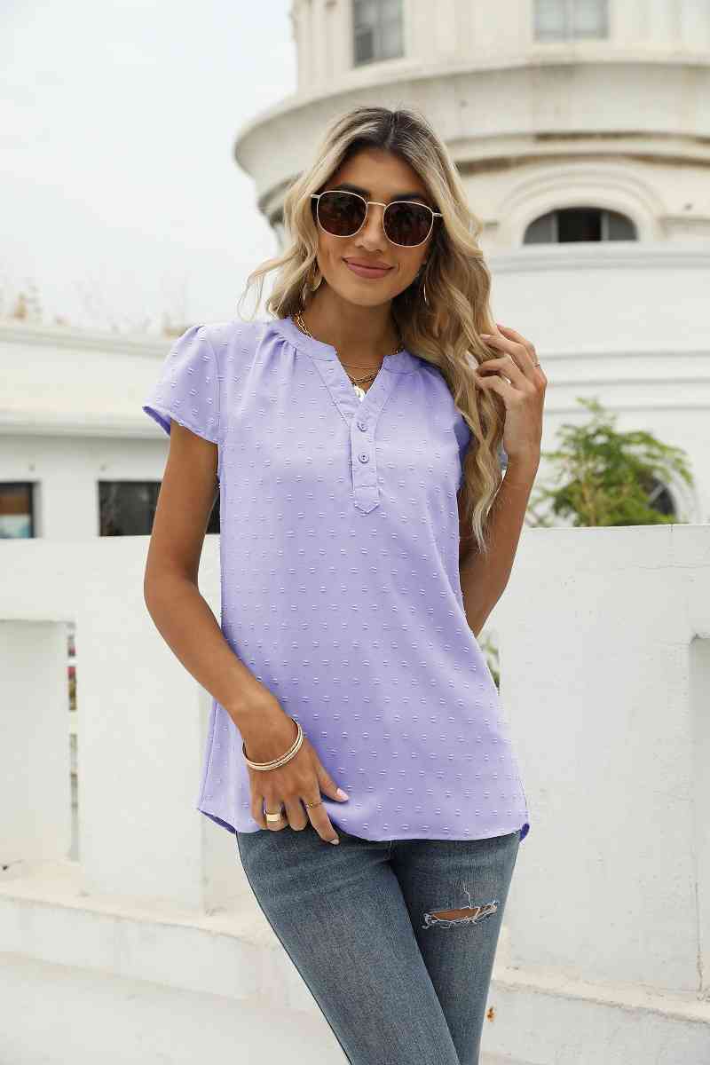 Swiss Dot Notched Neck Short Sleeve Top (9 Colors)  Krazy Heart Designs Boutique Lavender S 