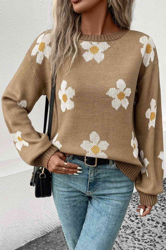 Floral Dropped Shoulder Sweater  Krazy Heart Designs Boutique Khaki S 