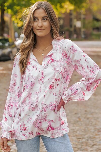 Floral Tie Neck Flounce Sleeve Blouse sh Krazy Heart Designs Boutique   