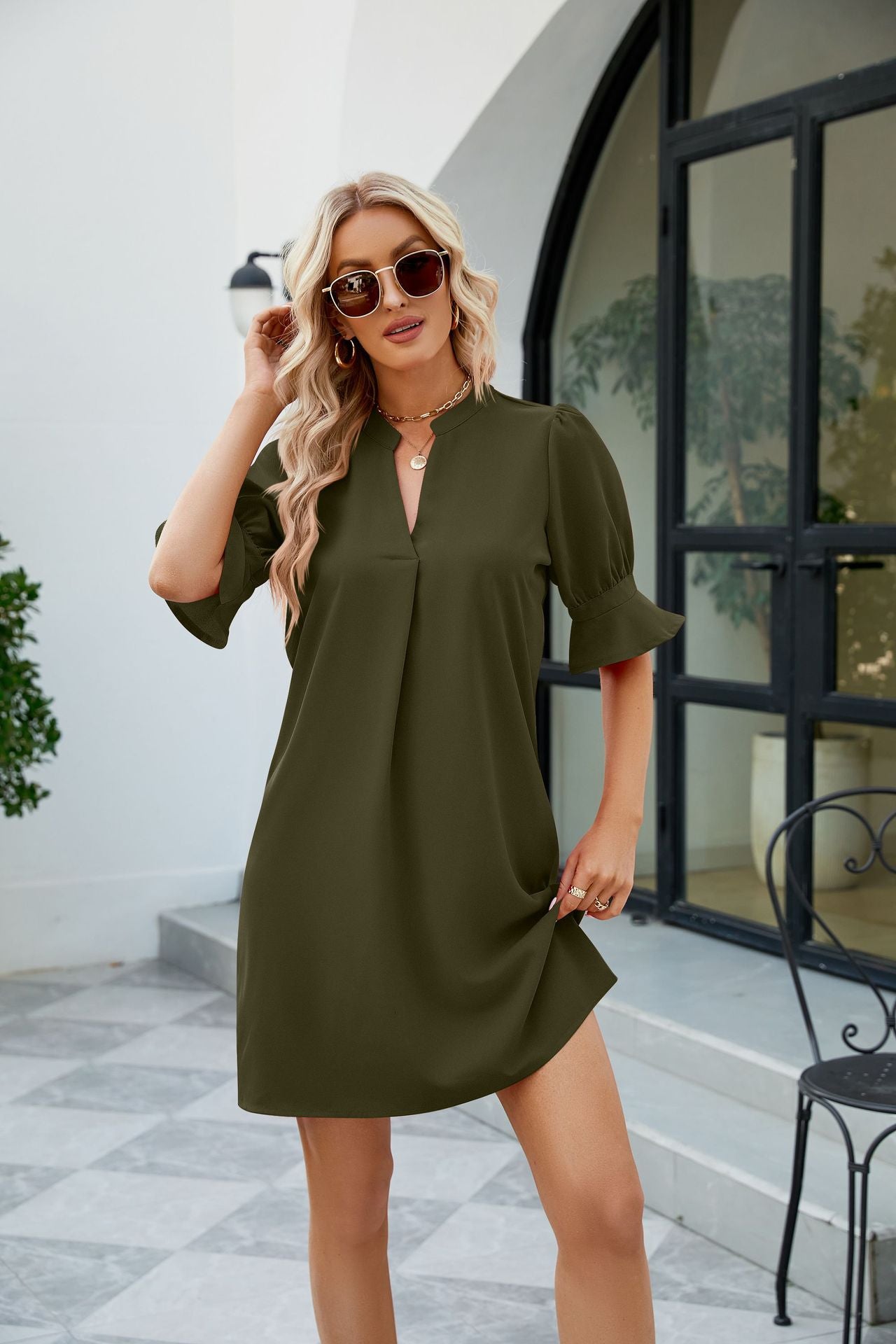Notched Neck Flounce Sleeve Mini Dress (5 Colors)  Krazy Heart Designs Boutique Army Green S 